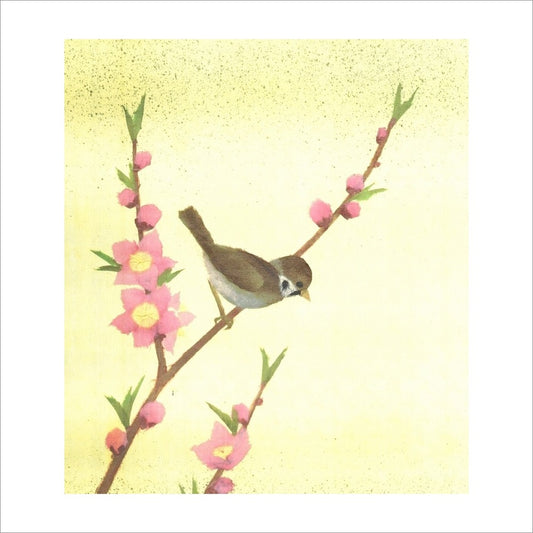 和紙のちぎり絵キット花鳥風月 （春） 「　No.227 桃と雀　」 色紙サイズ-約24×27cm