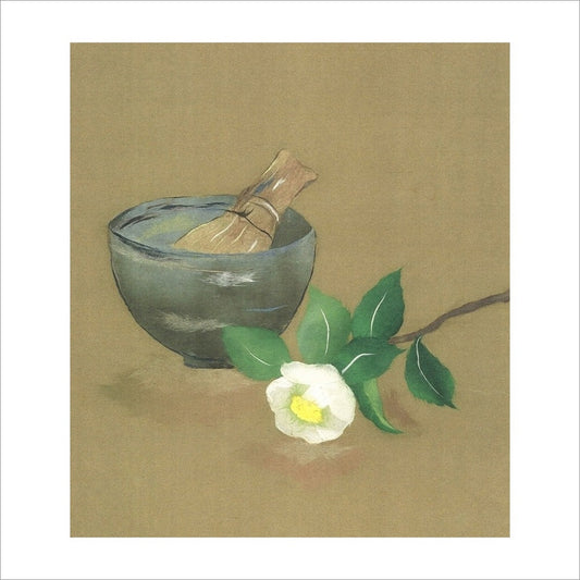 和紙のちぎり絵キット花鳥風月 （冬） 「　No.190 茶器・椿　」  色紙サイズ 約24×27cm